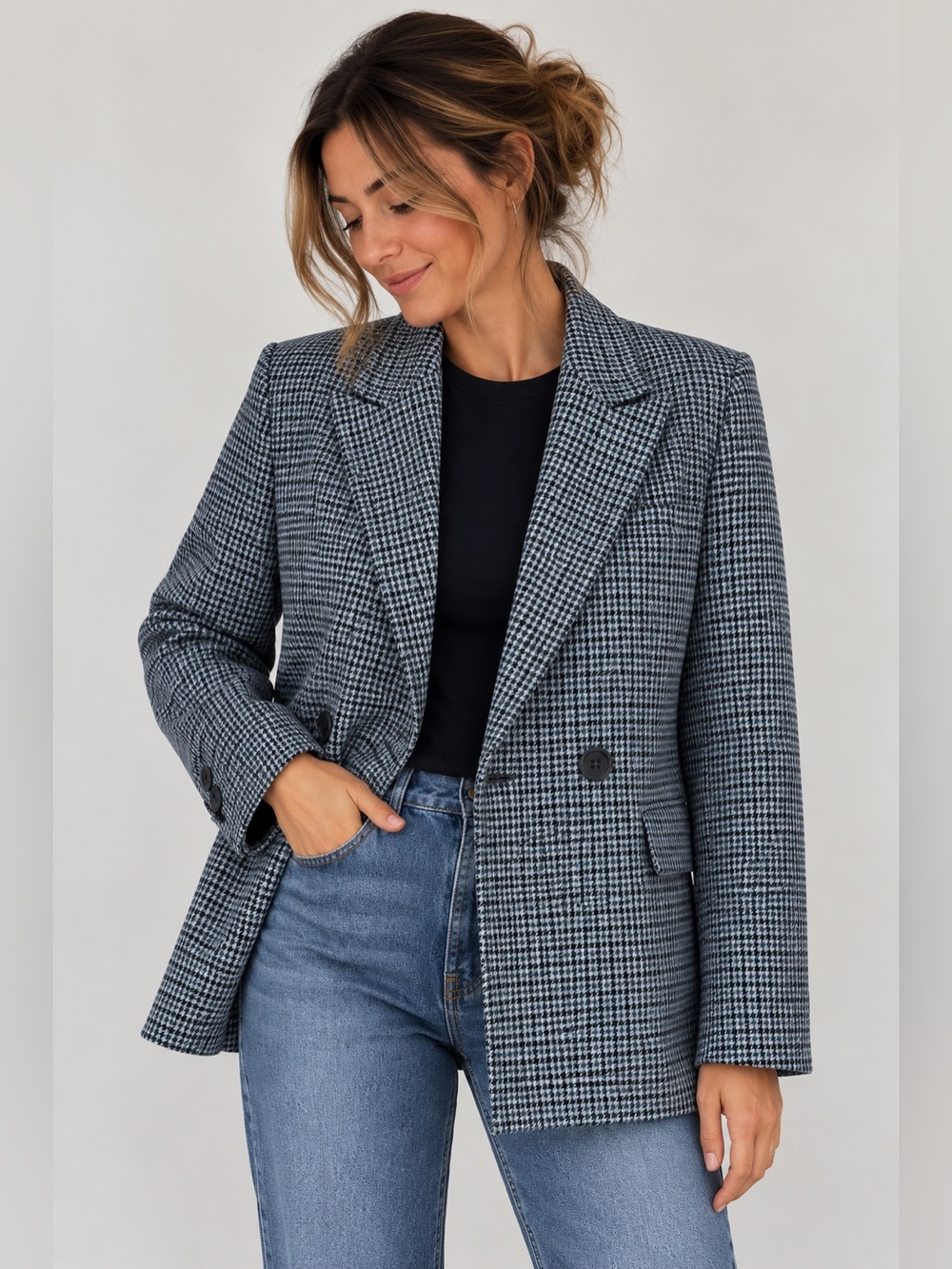 GAP Blue Houndstooth Wool Blend Double-Breasted Blazer Size 8